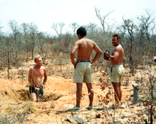 Kalahari fieldwork 1992: sampling for luminescence dating in a dune crest pit in NW Botswana. With the late Stephen Stokes.