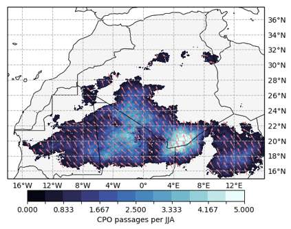 SEVIRI pixels classified as belonging to cold pool outflow events across the total lifetime of all events tracked for June, July and August of 2004-2017. Pink arrows represent the mean propagation direction of detected events.