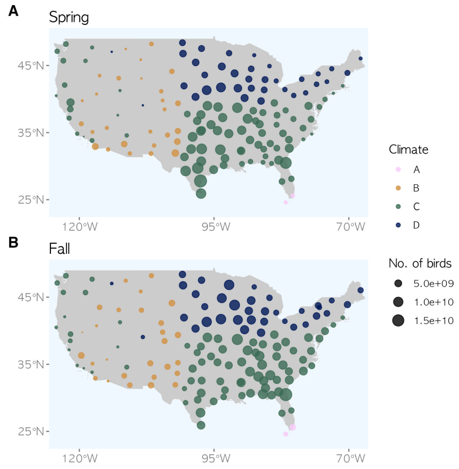 Spring and autumn maps of climate and bird migrations in the mainland United States.