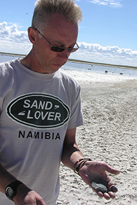 Lithics in the desert: a find in the Kalahari in 2011 during fieldwork that led to the current project funded by the Leverhulme Trust.