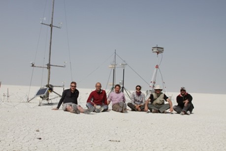 The research team setting-up equipment to monitor aeolian dust emission from the surface of Etosha Pan in northern Namibia.