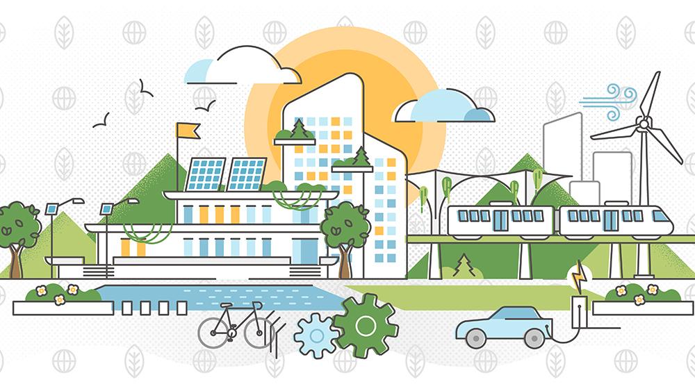 Image: Green infrastructure vector illustration. Ecological city outline concept. VectorMine