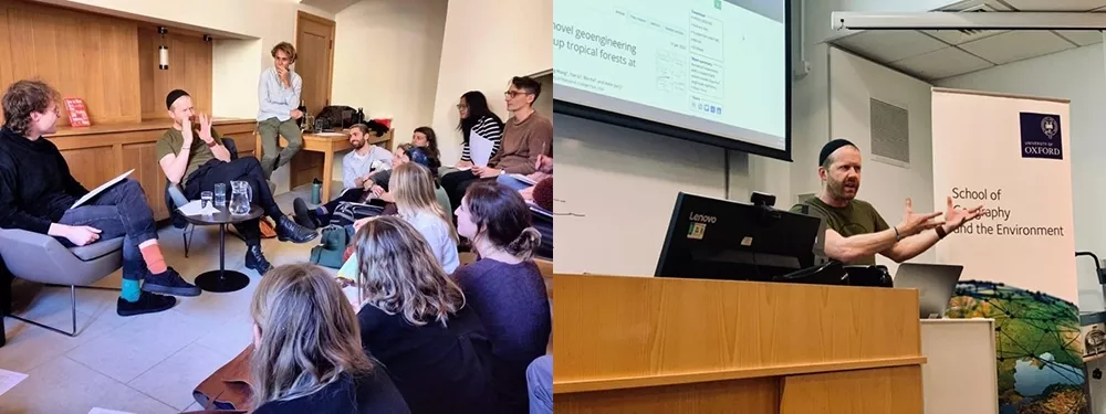 Andreas Malm at Brasenose college (left) and SoGE Main Lecture Theatre (right).