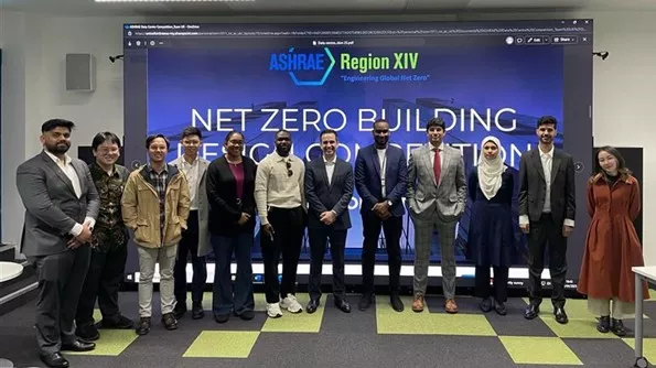 Members of the UK team during a work meeting at the University of Loughborough, where they discussed their strategy and created a detailed working plan for their proposal for the ASHRAE University Competition (25 April 2025)