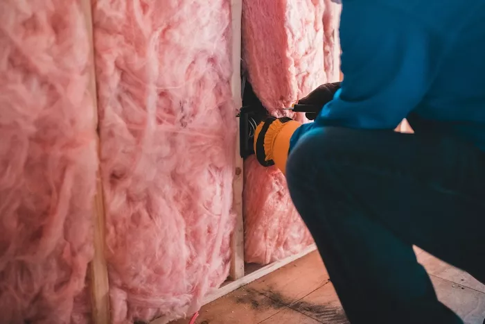 A person installing fibreglass insulation at the base of a wall
