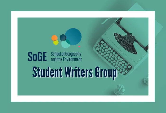 A typewriter in green behind the SoGE logo and student writers group title