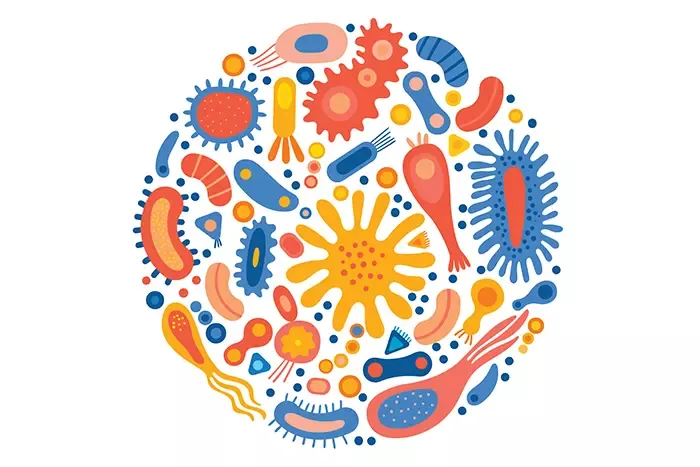 Colourful design with various cartoon microorganisms interlocking to fill a circle space