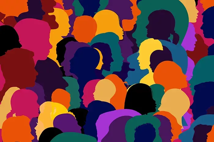 A colourful graphic of a crowd of silhouettes